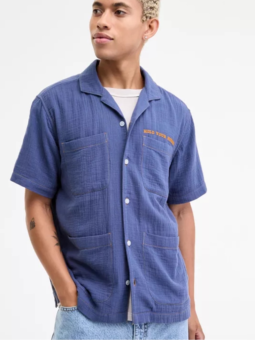 Sun + Stone Short-Sleeve Button Shirt Jacket in Blue with Orange Embroidery